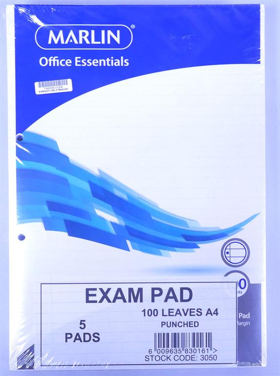 Marlin A4 Punched Exam Pads 100 Pages 5 Pads Per Pack