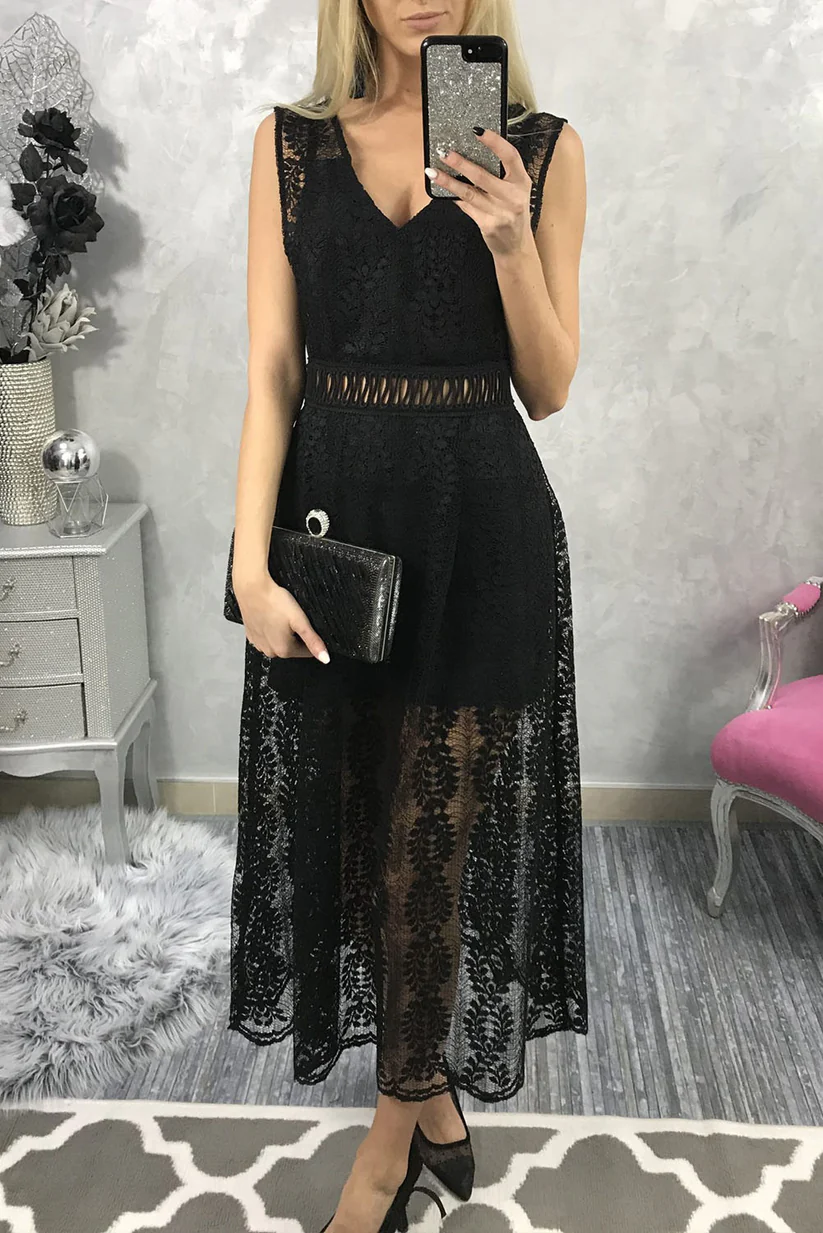 Black Contrast Lace High Waist Sleeveless V Neck Long Dress