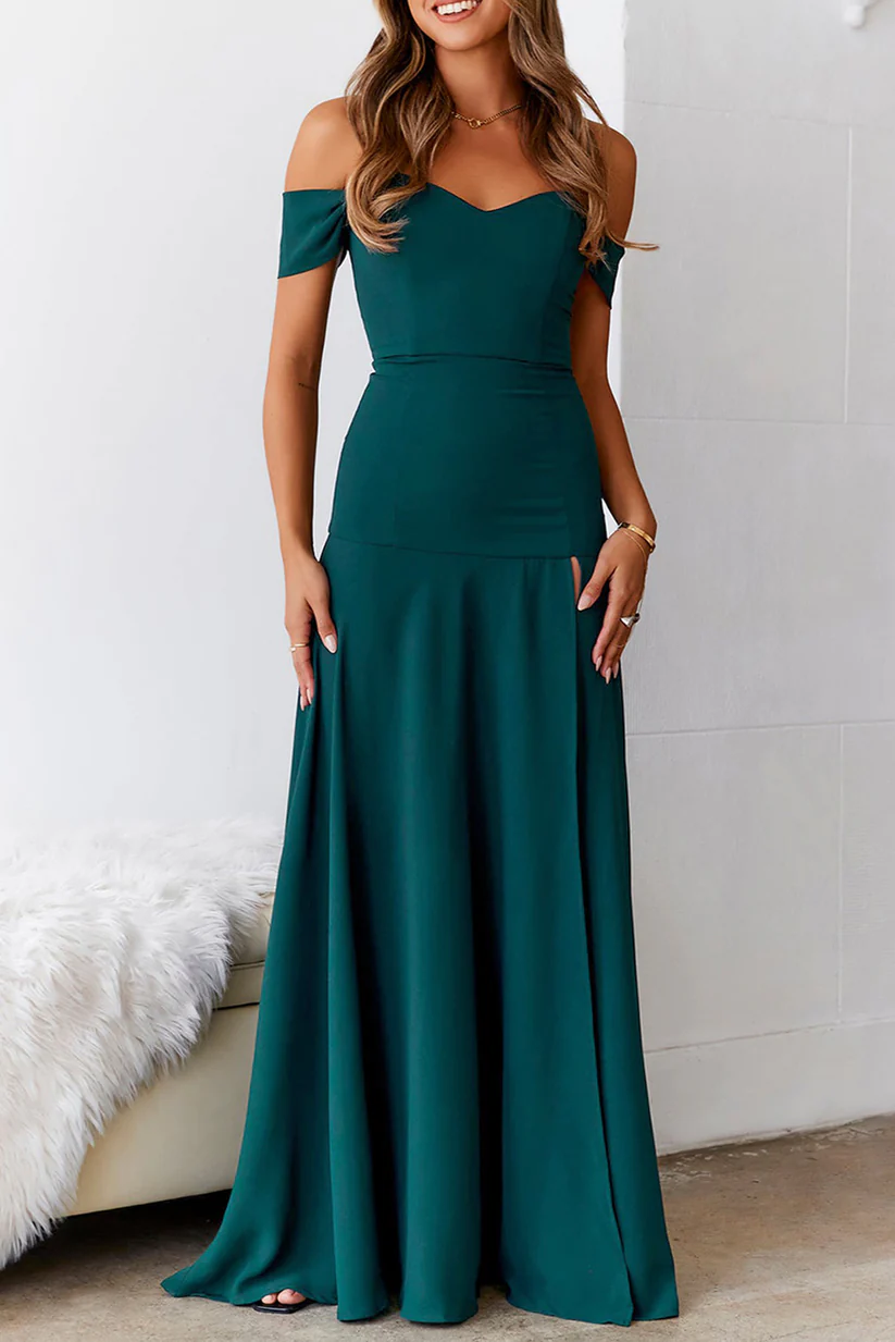 Blackish Green Off Shoulder Sleeveless High Split Maxi Dress